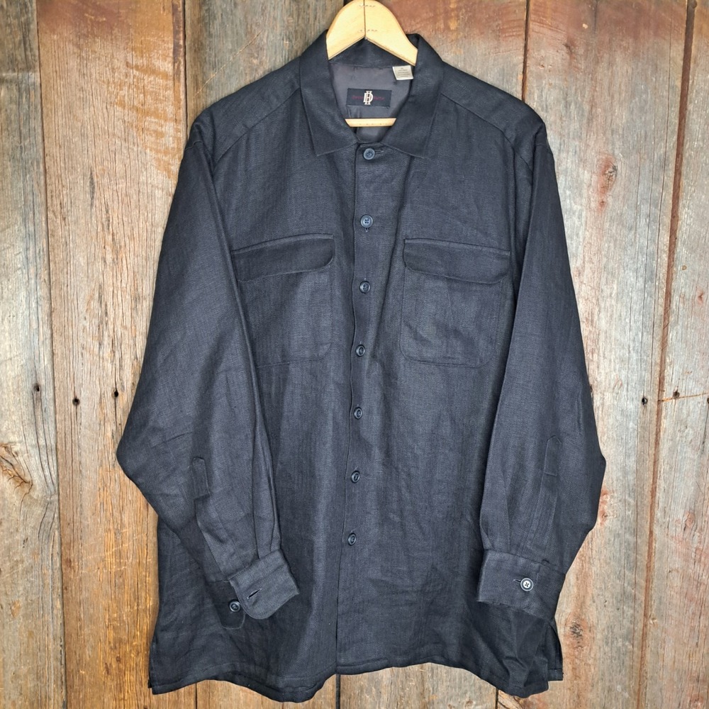 Lagenlook VTG Gorpcore 100% Linen USA Made Men XL Black Button Down Devon Harris